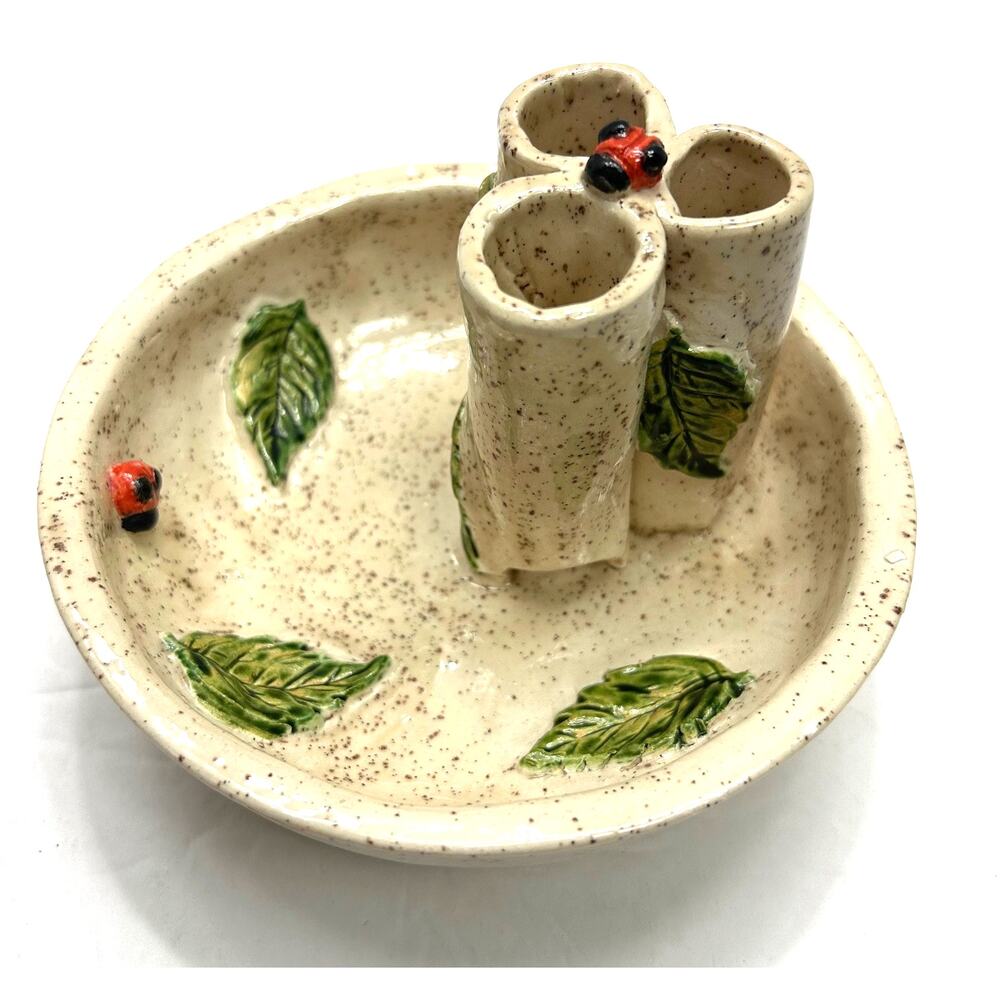 Handmade Ikebana Speckled Glaze Pottery Vase Lady Bugs Leaves Unsigned‎